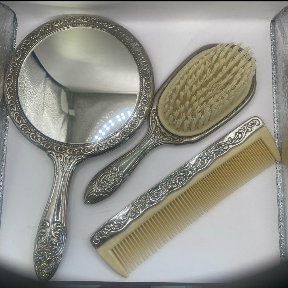 Elegant Silver Vanity Set with Mirror, Brush, and Comb